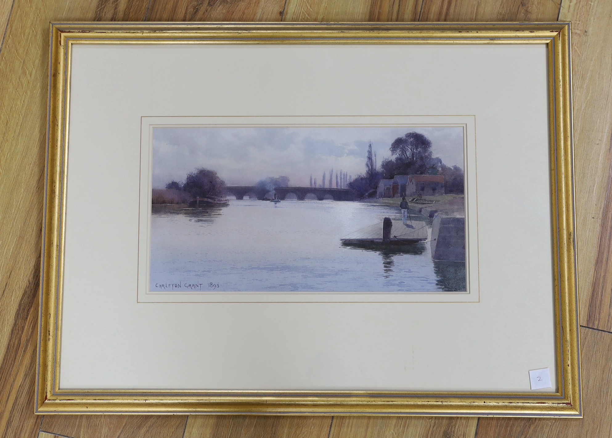 Carleton Grant (1860-1930), watercolour, Figures beside a river, signed and dated 1893, 19 x 36cm